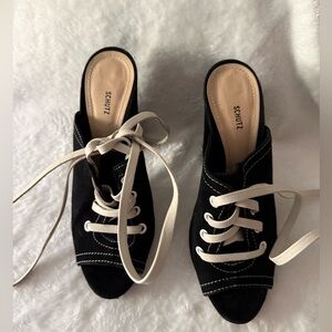 Schutz Black Canvas Sneaker Inspired Peep Toe Mules Lace Up Front Shoes 7.5